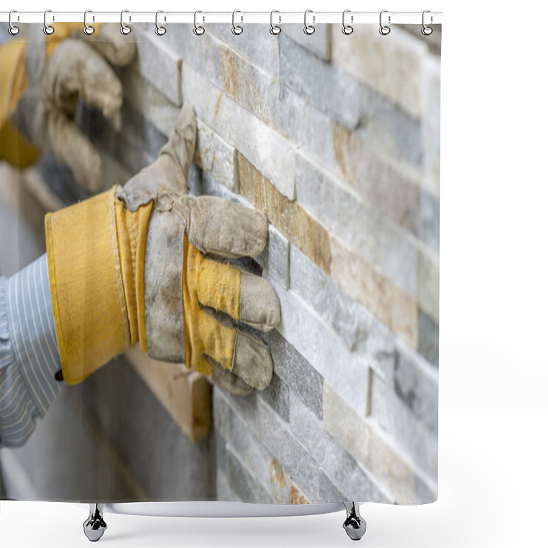 Personality  Closeup Of Manual Worker In Protection Gloves Pushing The Tile I Shower Curtains