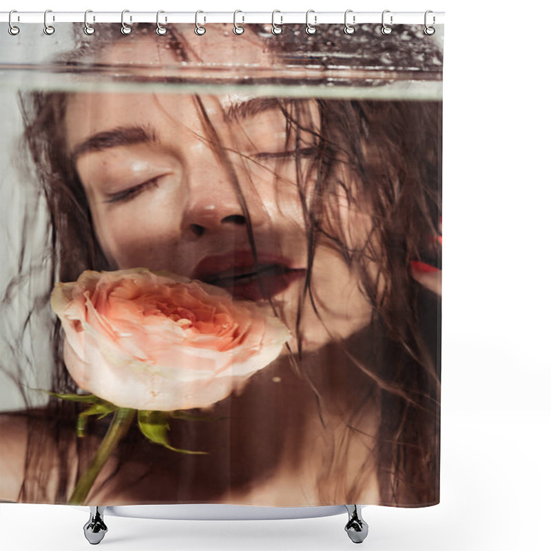 Personality  Beautiful Young Woman With Coral Lips And Rose Flower Posing Through Aquarium Isolated On Grey Shower Curtains