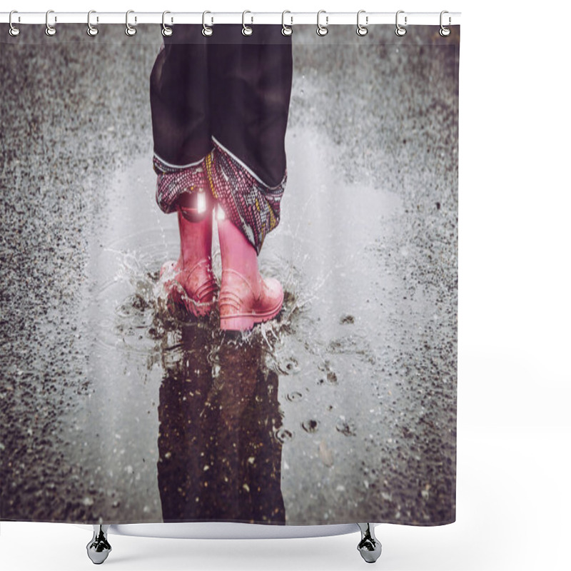 Personality  Girl Having Fun, Jumping In Water Puddle On Wet Street, Wearing Rain Boots With Reflective Detail Fabric Stripes Shining. High Visibility And Safety In Dark Concept. Shower Curtains