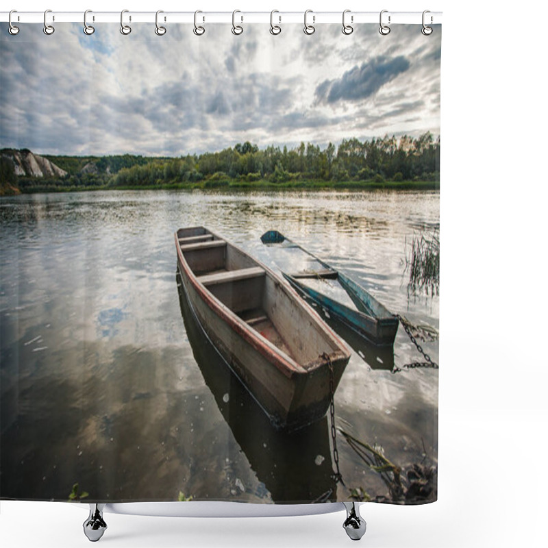 Personality  Abandoned Old Wooden Fishing Boat Near Pier In Summer Lake Or River. Beautiful Summer Sunny Day Or Evening. Shower Curtains