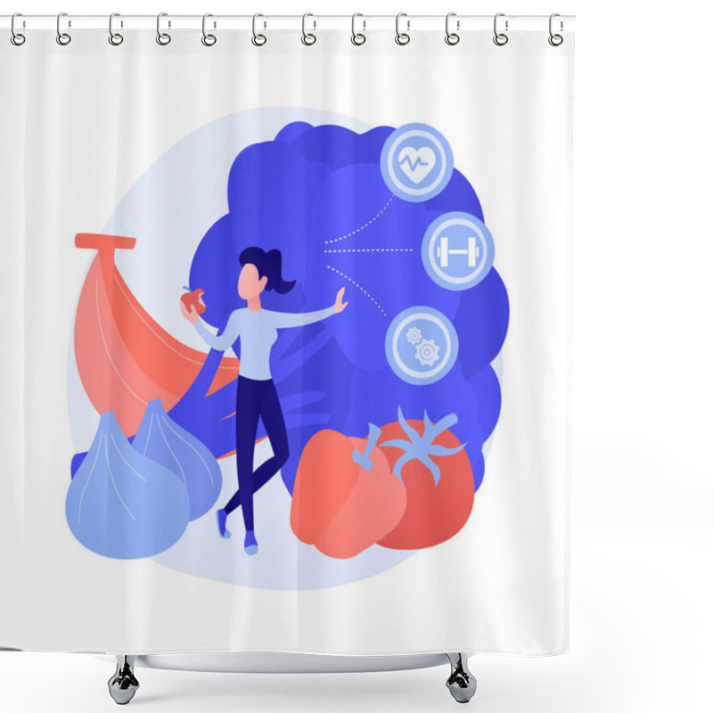 Personality  Organic Fruits Eating. Healthy Snack, Fruitarian Diet, Lunch Break. Male Freelancer Cartoon Character Eating Apple. Fresh Natural Bananas And Grapes. Vector Isolated Concept Metaphor Illustration. Shower Curtains