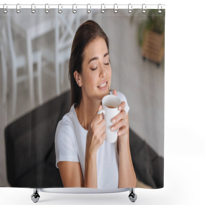 Personality  Happy Woman Dreaming And Smelling Cup Of Tea  Shower Curtains