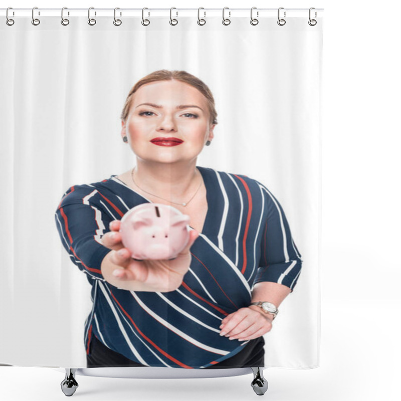 Personality  Happy Female Accountant Giving Pink Piggy Bank Isolated On White Background  Shower Curtains