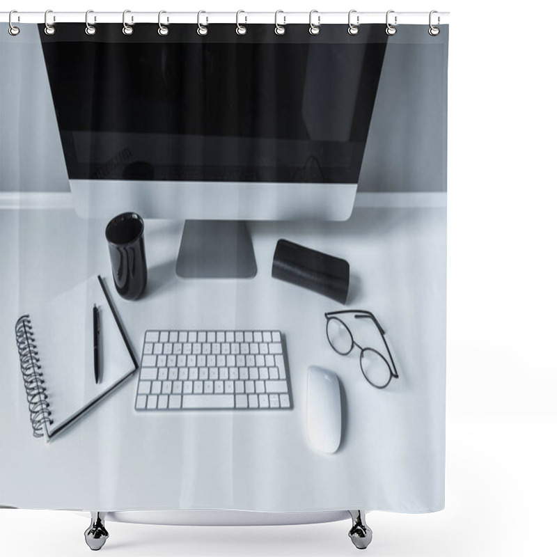 Personality  Overhead View Of Keyboard, Computer Mouse And Notebook Shower Curtains