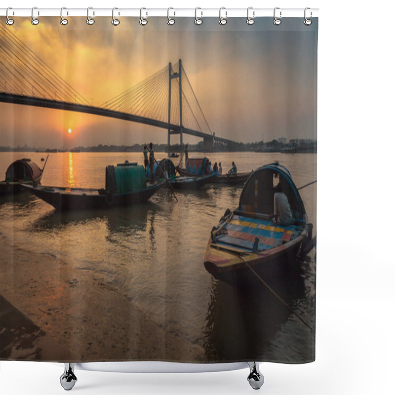 Personality  Wooden Boats Lined Up At Princep Ghat On The Banks Of River Hooghly At Sunset Overlooking The Vidyasagar Bridge (Setu). Shower Curtains