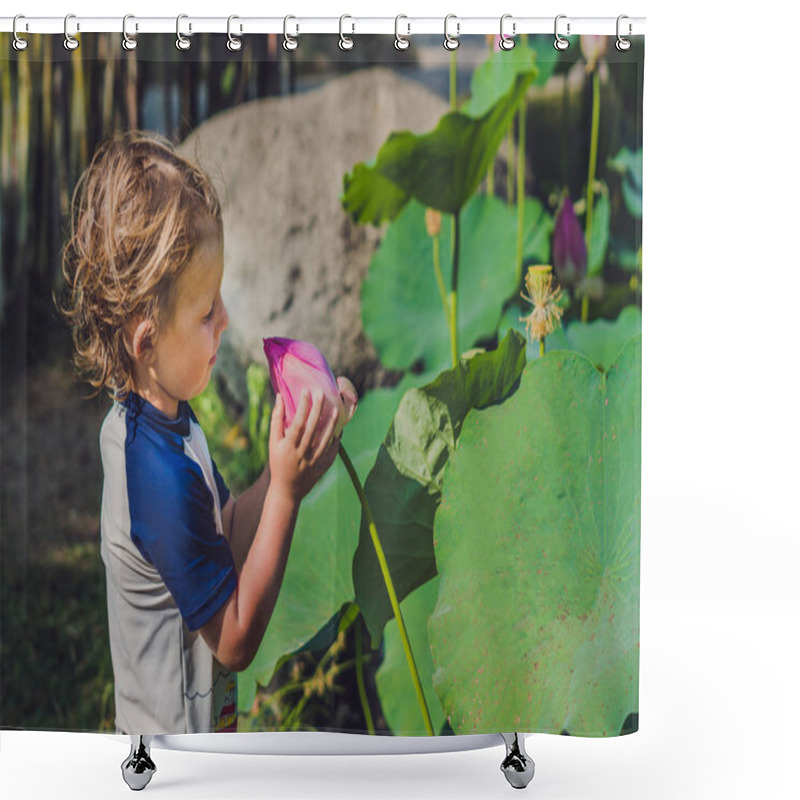 Personality  The Boy Holds A Lotus Flower  Shower Curtains