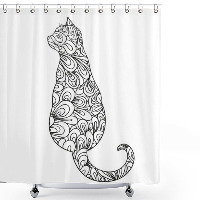 Personality  Cat On White. Zentangle. Hand Drawn Animal With Abstract Patterns On Isolation Background. Design For Spiritual Relaxation For Adults. Outline For T-shirts. Print For Flyer, Poster Or Textile Shower Curtains