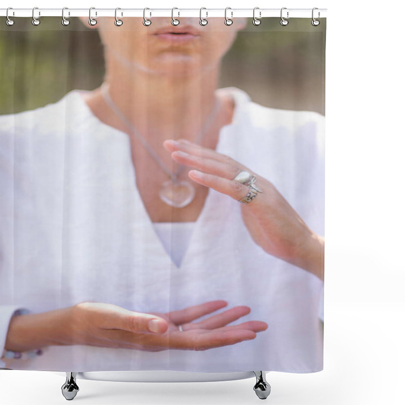 Personality  Wellbeing Coach, Middle Aged Woman Practicing Mindful Acceptance Meditation. Positive Mindset Concept Shower Curtains