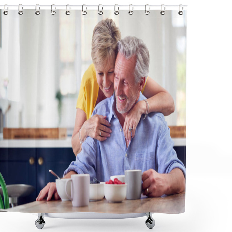 Personality  Loving Retired Couple Sitting Around Table At Home Having Healthy Breakfast Together Shower Curtains