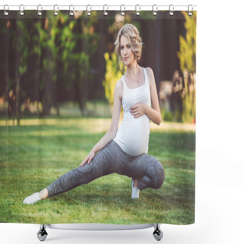 Personality  Beautiful Slim Sportive Pregnant Woman Is Doing Sports On Green Grass Shower Curtains