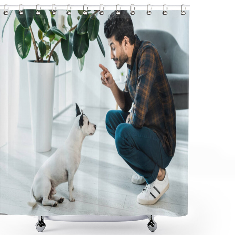 Personality  Side View Of Handsome Bi-racial Man Training Jack Russell Terrier Shower Curtains