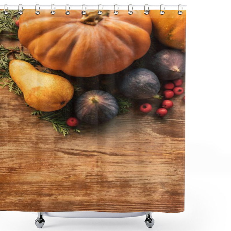 Personality  Top View Of Various Fruits And Vegetables On Wooden Table Shower Curtains