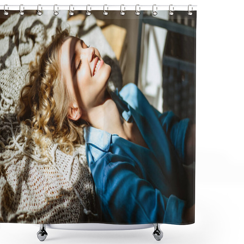 Personality  Young Blonde Woman Chilling Near  Window In Her Living Room, Sunny Weather, Summer Time Shower Curtains