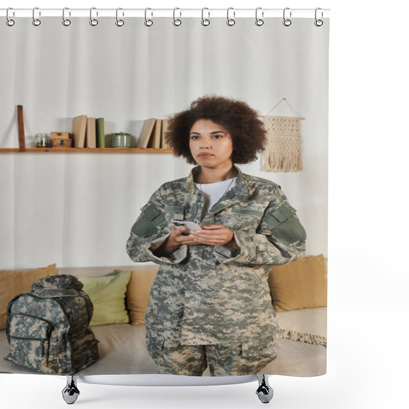 Personality  A Young Woman In Military Gear Stands In Her Living Room, Holding Her Phone And Contemplating Her Upcoming Service. Shower Curtains