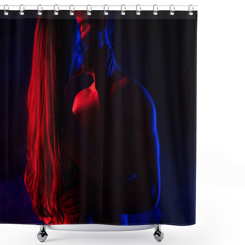 Personality  Passionate Undressed Sexy Young Couple Kissing In Red Light Isolated On Black Shower Curtains