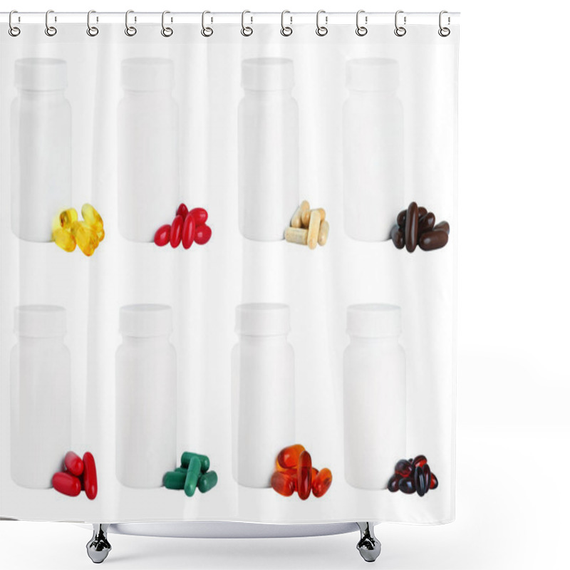 Personality  A Set Of Capsules Next To A White Plastic Medicine Bottle. Shower Curtains