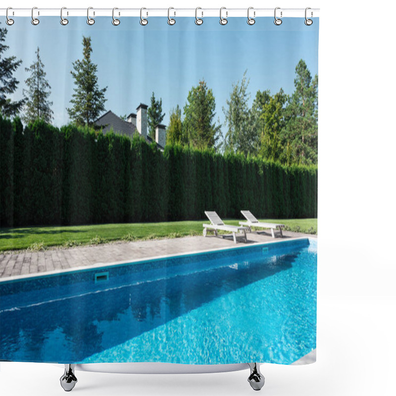 Personality  View Of Swimming Pool With Sunbeds And Green Fence Shower Curtains