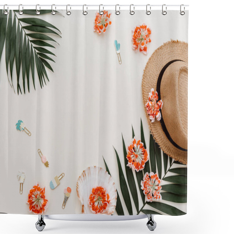 Personality  Flat Lay Summer Composition. Creative Concept Tropical Leaves And Straw Hat. Top View, Copy Space Shower Curtains