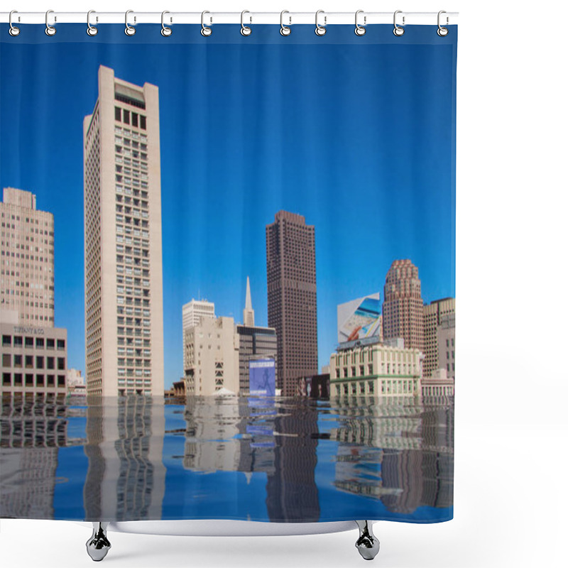 Personality  Flooded Modern High Rise Buildings Reflecting In The Water. Climate Change And Environmental Disaster Concept. Digital Manipulated Image. Shower Curtains