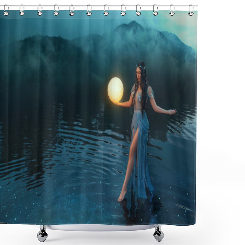 Personality  Fantasy Woman Holding Moon Magic Light Glowing Planet In Hand. Sexy Girl Goddess Night Elf Beauty Face Blacl Long Hair, River Nymph Wet Blue Dress, Stands On Water Dark Sky Clouds Lake. Lady Fairy Art Shower Curtains