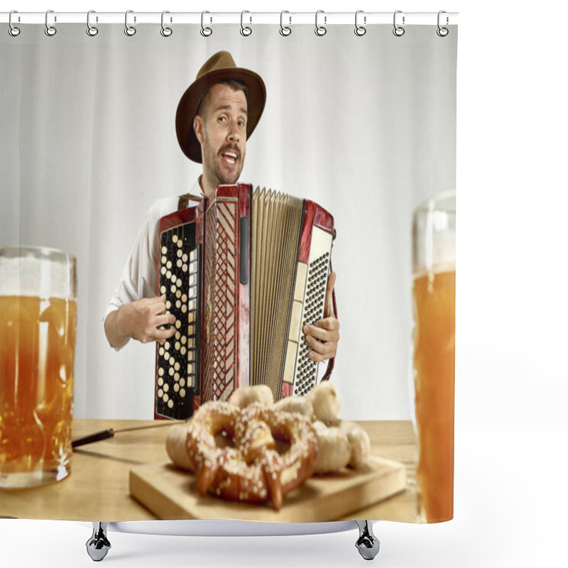 Personality  Man In Traditional Bavarian Clothes Playing Accordion. Oktoberfest Shower Curtains