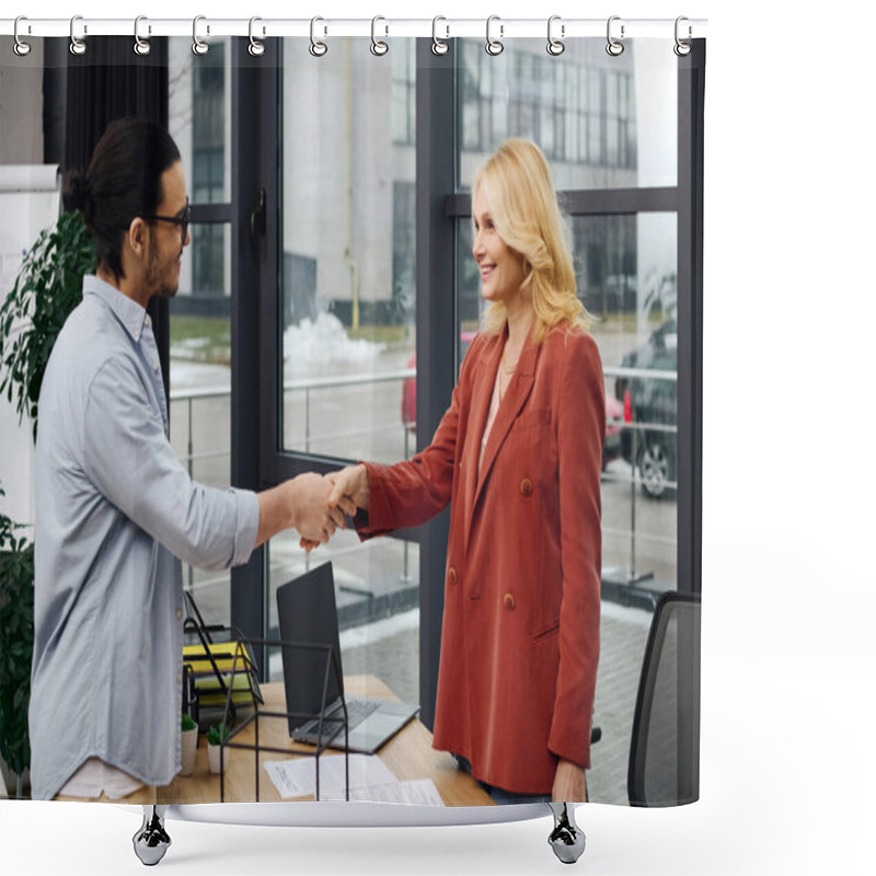 Personality  A Man And Woman In An Office Shaking Hands During A Job Interview. Shower Curtains