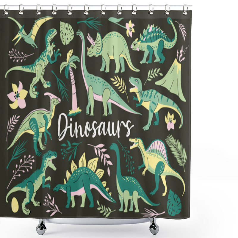 Personality  Set Of Dinosaurs Including T-rex, Brontosaurus, Triceratops, Velociraptor, Pteranodon, Allosaurus, Etc Isolated On White Shower Curtains