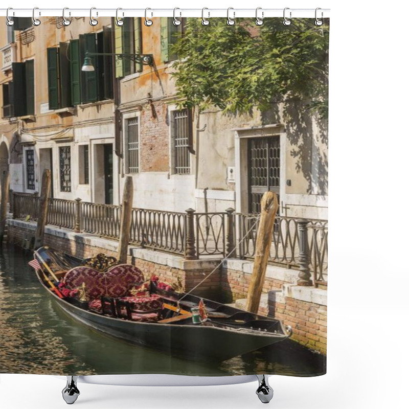 Personality  Moored Gondola With Heart-shaped Pillow On Narrow Canal Lined With Historical Architectural Residential Buildings, Fondamenta De L'Osmarin, Castello District, Venice, Veneto, Italy, Europe Shower Curtains