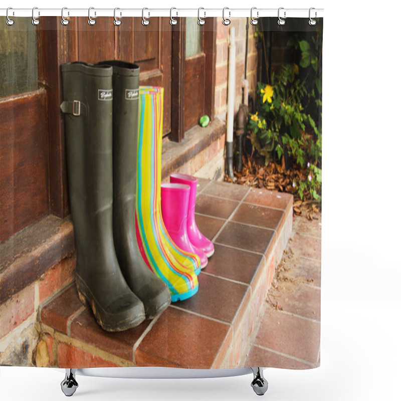 Personality  Colourful Wellington Boots Left On A Doorstep Shower Curtains