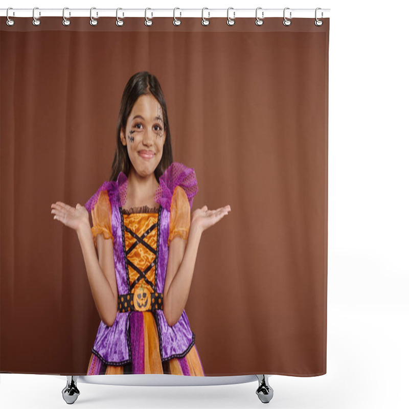 Personality  Confused Girl In Halloween Costume With Spiderweb Makeup Smiling And Gesturing On Brown Backdrop Shower Curtains