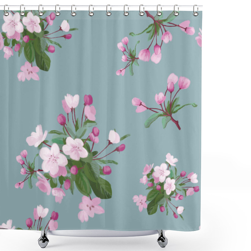 Personality  Pink Blossoming Flowers On Blue Shower Curtains