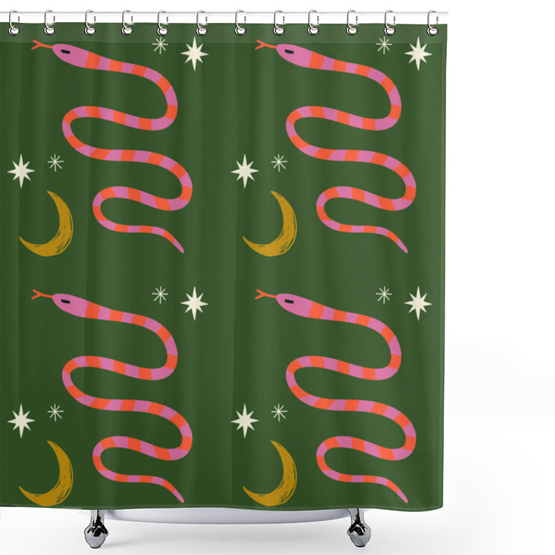 Personality  Moon Boho Magical Seamless Pattern With Snakes In Vector. Shower Curtains