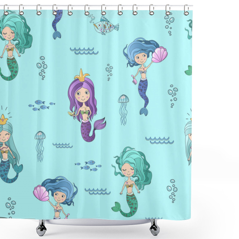 Personality  Vector Hand Drawing Cute Little Mermaid Princess Seamless Pattern Background. Shower Curtains