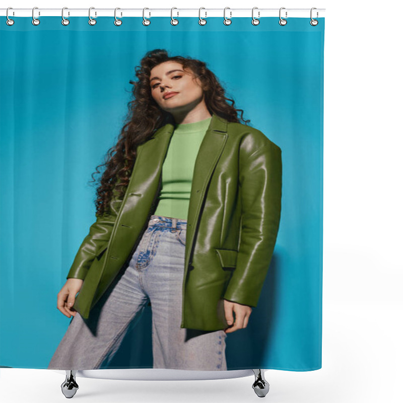 Personality  A Beautiful Young Woman Showcases Her Fashionable Outfit With A Bold Green Blazer And Relaxed Jeans. Shower Curtains