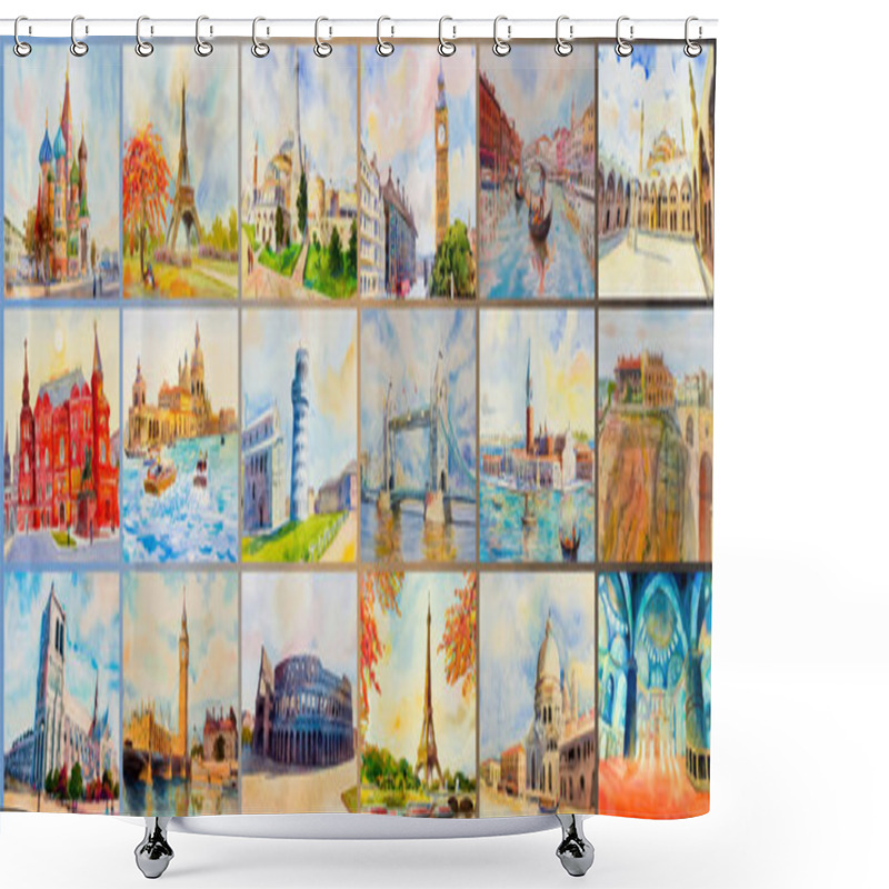 Personality  World Architectural Set Of Travel Around The World And Sights. Famous Landmark Of Europe Grouped Together. Watercolor Hand Drawn Painting Illustration On Paper With Postcard, Advertising, Tourism. Shower Curtains