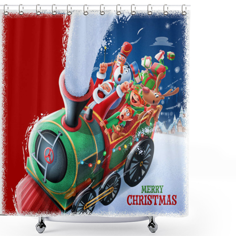 Personality  Santa And Various Cartoon Characters Riding Train With Lettering Merry Christmas Shower Curtains