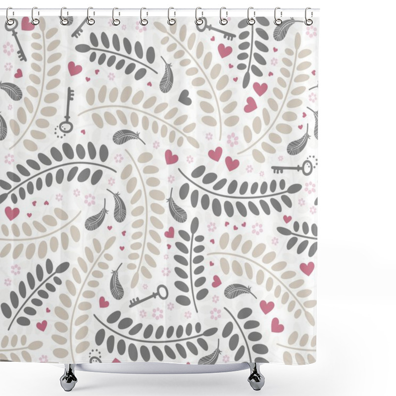 Personality  Colorful Little Hearts Flowers Leaves Keys And Feathers Delicate Lovely Messy Elements On White Background Romantic Wedding Engagement Valentine's Day Seamless Pattern Shower Curtains