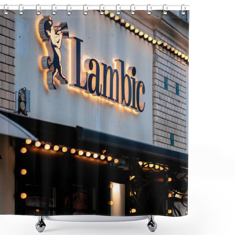 Personality  Moscow, Russia - January 17, 2020: Lambic Sign Above The Entrance To A Street Restaurant In The City. Backlight From Many Light Bulbs In The Evening Shower Curtains