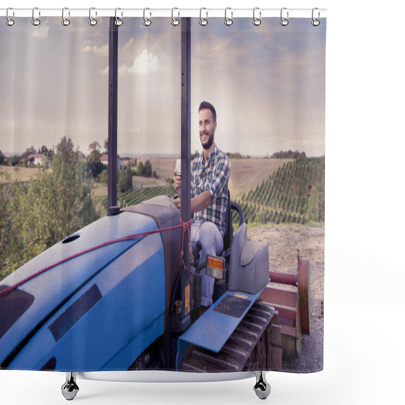 Personality  Young Farmer Toasts On A Crawler Tractor In His Vineyard Shower Curtains