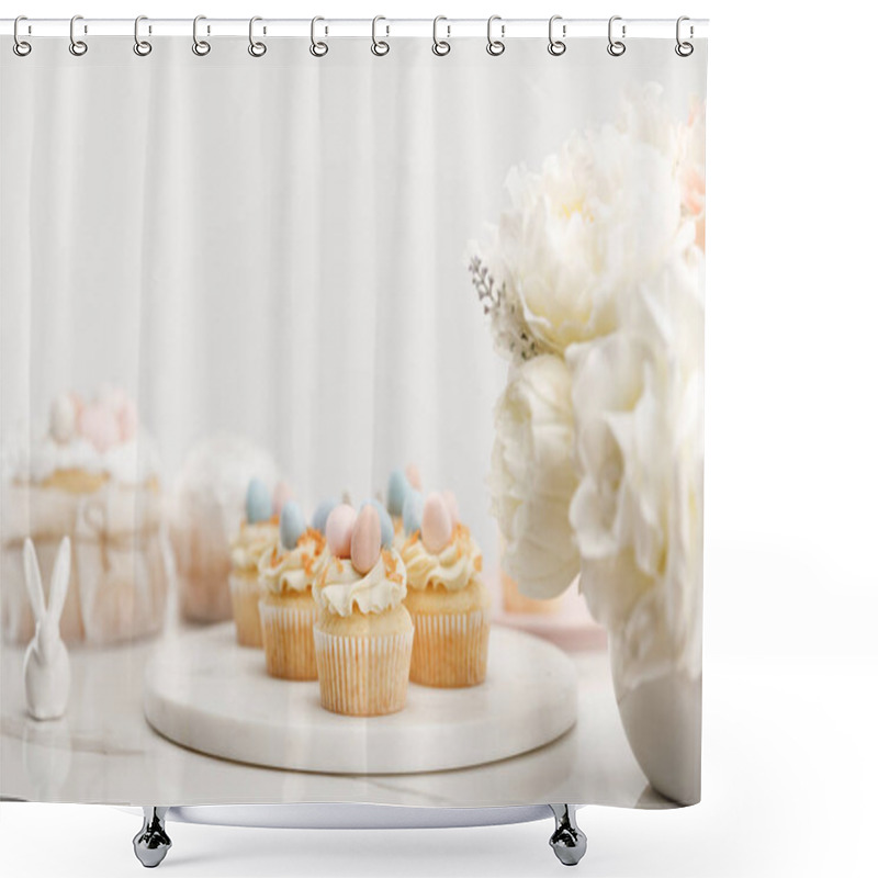 Personality  Selective Focus Of Cupcakes On Round Board, Decorative Bunny And Vase With Flowers On White Background Shower Curtains