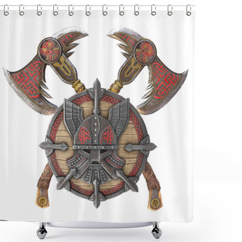 Personality  Viking Battle Ax And Shield On An Isolated White Background. 3d Illustration Shower Curtains