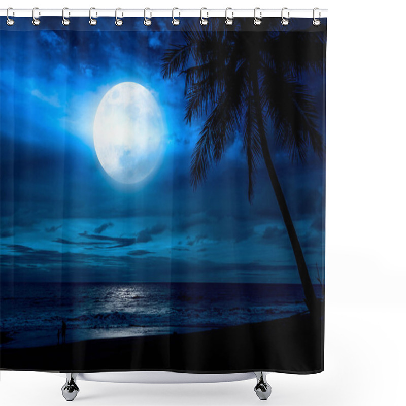 Personality  Beach Moonlight Night Landscape With Palm Tree Silhouette Shower Curtains