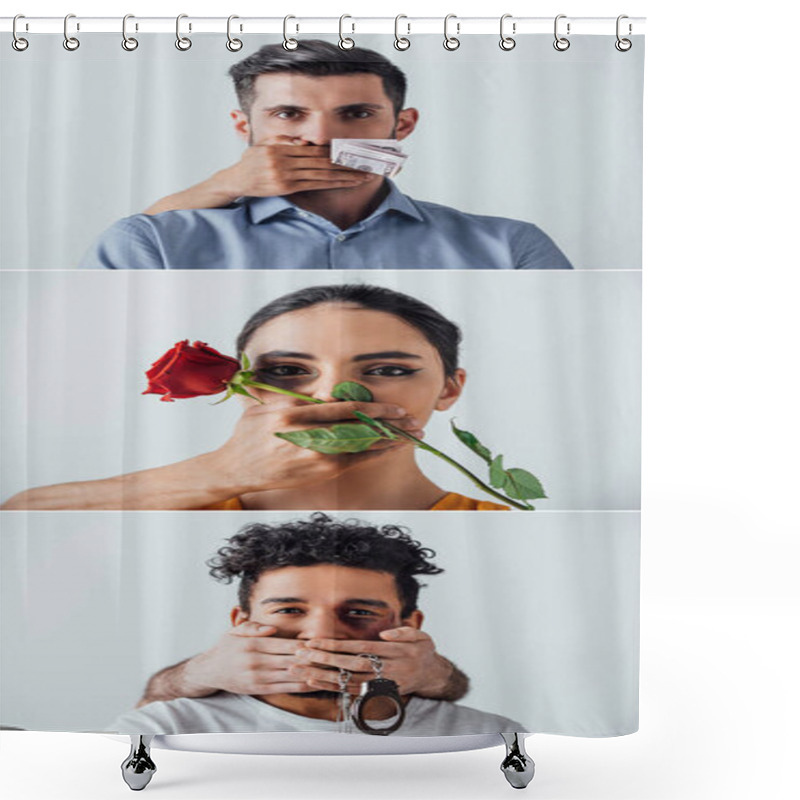 Personality  Collage Of Male Hand Holding Dollars, Rose And Handcuffs Near Mouth Of Multiethnic People Isolated On Grey Shower Curtains