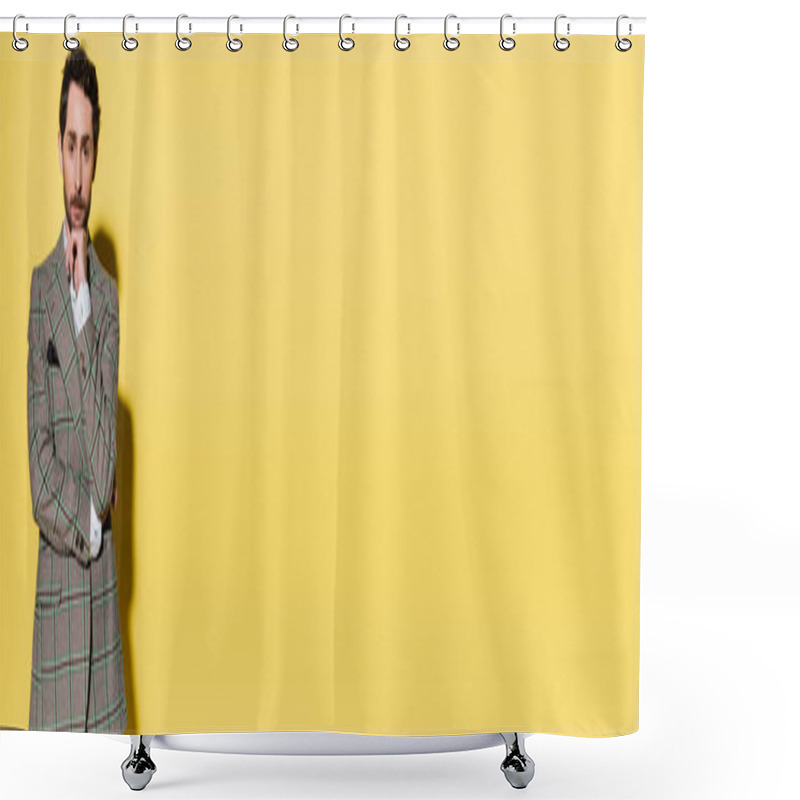 Personality  Trendy Man In Plaid Jacket Looking At Camera On Yellow Background, Banner  Shower Curtains