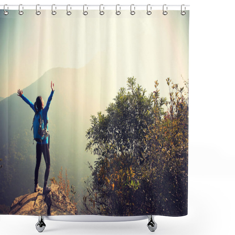 Personality  Woman Hiker  At Mountain Peak Shower Curtains