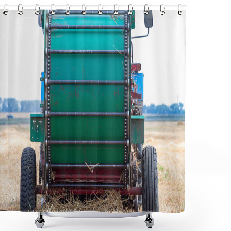 Personality  Tractor Makes Big Straw Roll On Yellow Field At Summer Day Shower Curtains