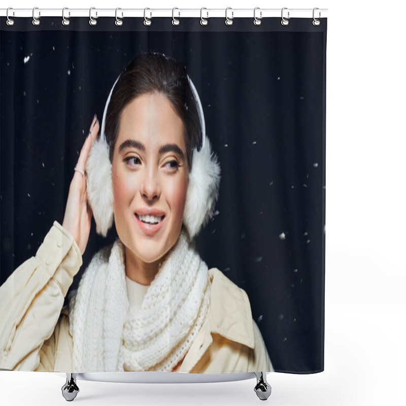 Personality  The Woman Smiles Warmly While Snow Gently Falls Around Her In A Cozy Winter Setting. Shower Curtains