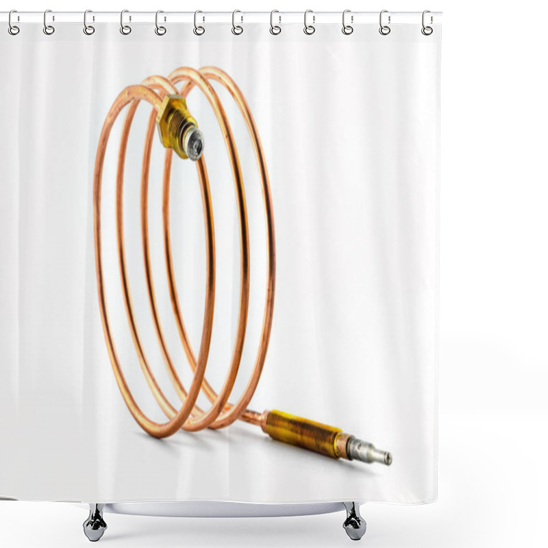 Personality  Macro Photo Of A Temperature Probe Made Of Copper In The Shape Of A Spiral With Threaded Tips, Isolated On A White Background. Shower Curtains