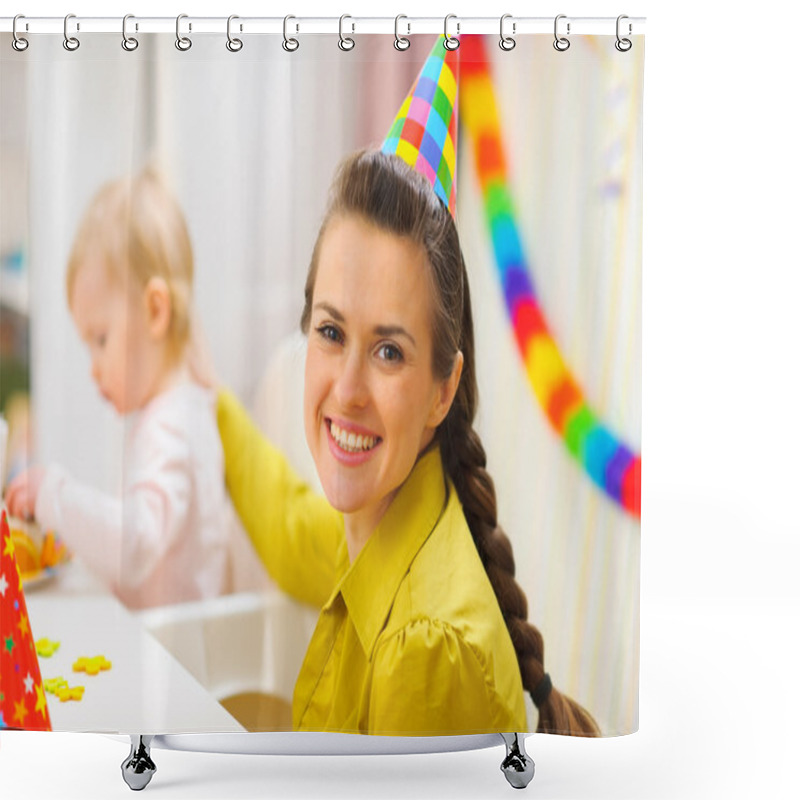 Personality  Portrait Of Happy Mother Celebrating Baby First Birthday Shower Curtains