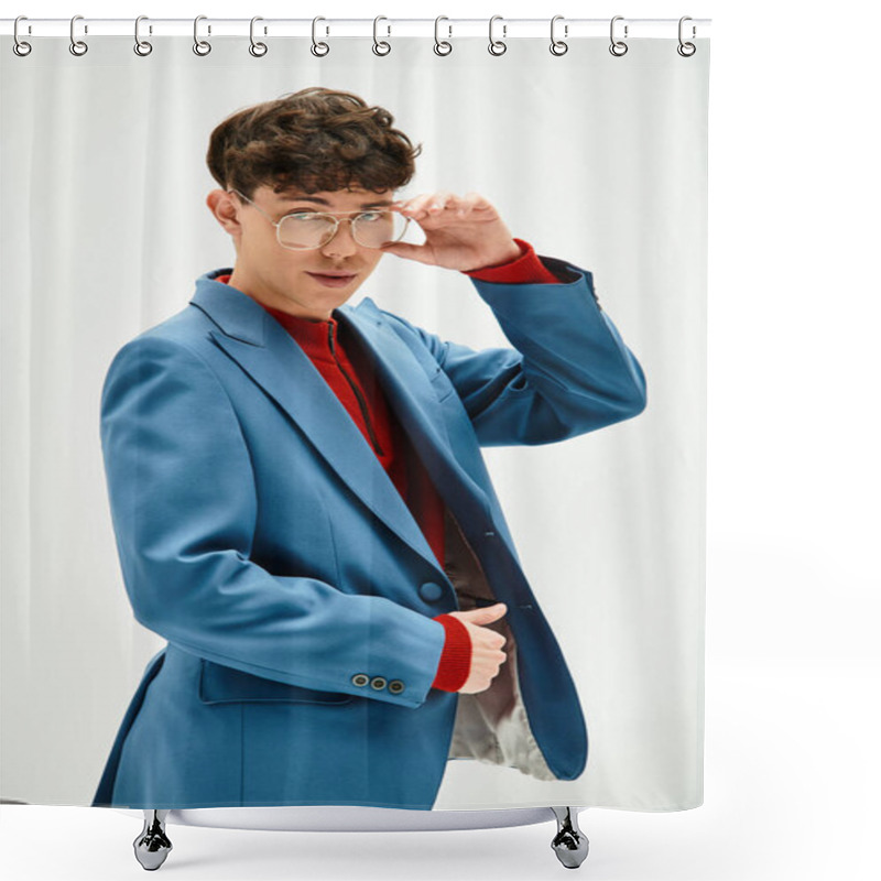 Personality  Handsome Man Embraces Modern Style With A Bold Blue Suit And Playful Glasses In Studio Light. Shower Curtains